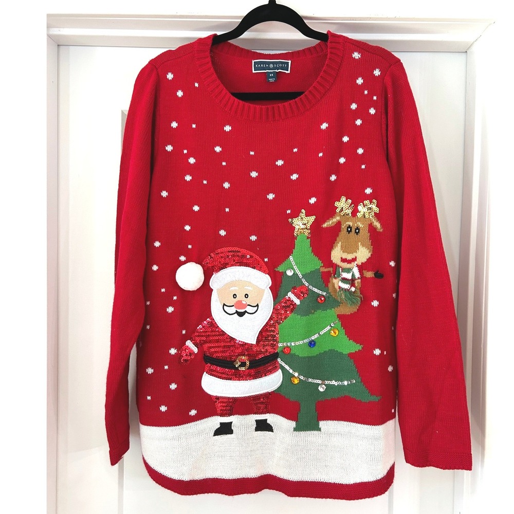 Karen Scott Women Red Sequin Santa Christmas Tree Reindeer Holiday Sweater 2X